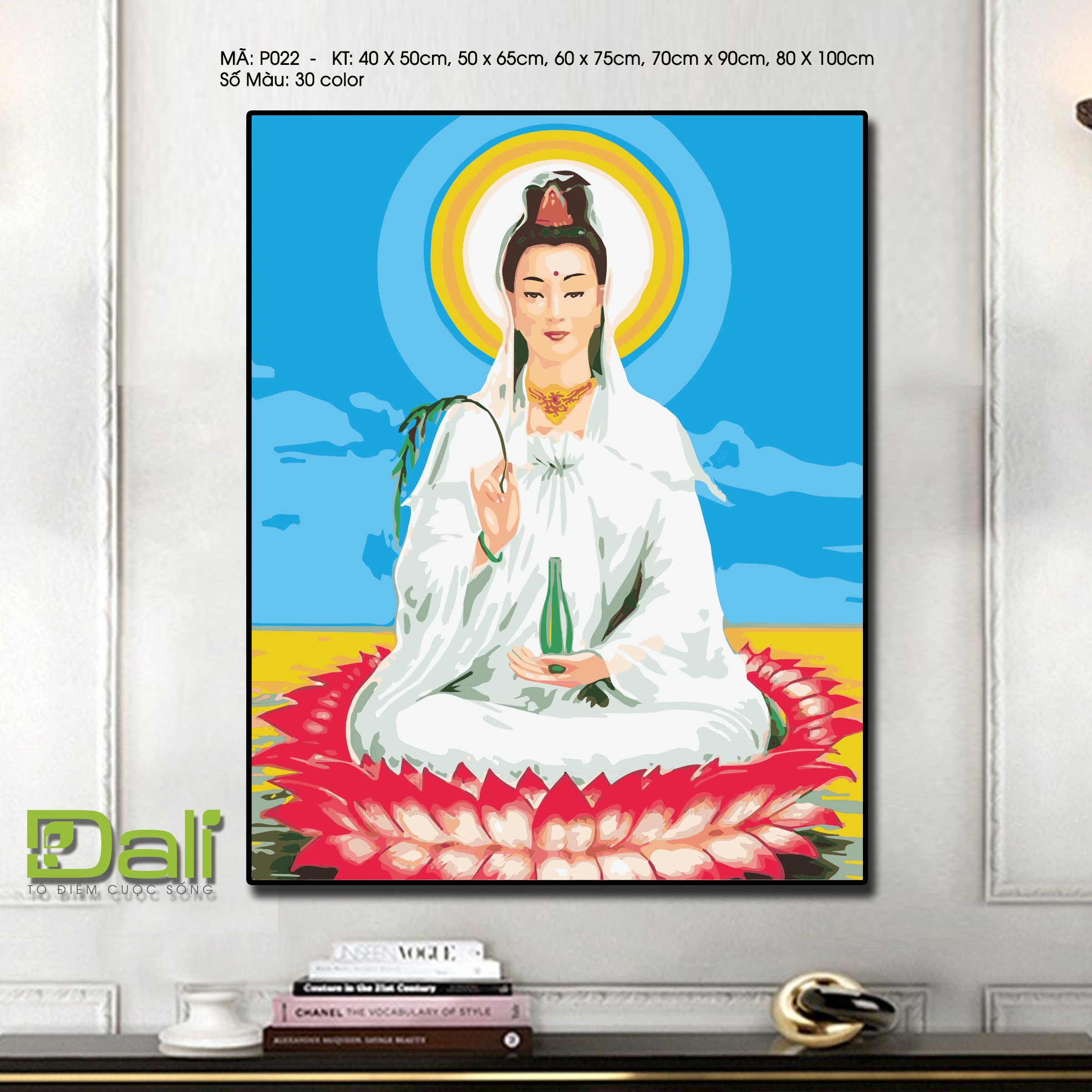 Tranh Phật Bà Quan Âm Hoa Sen Đỏ P022