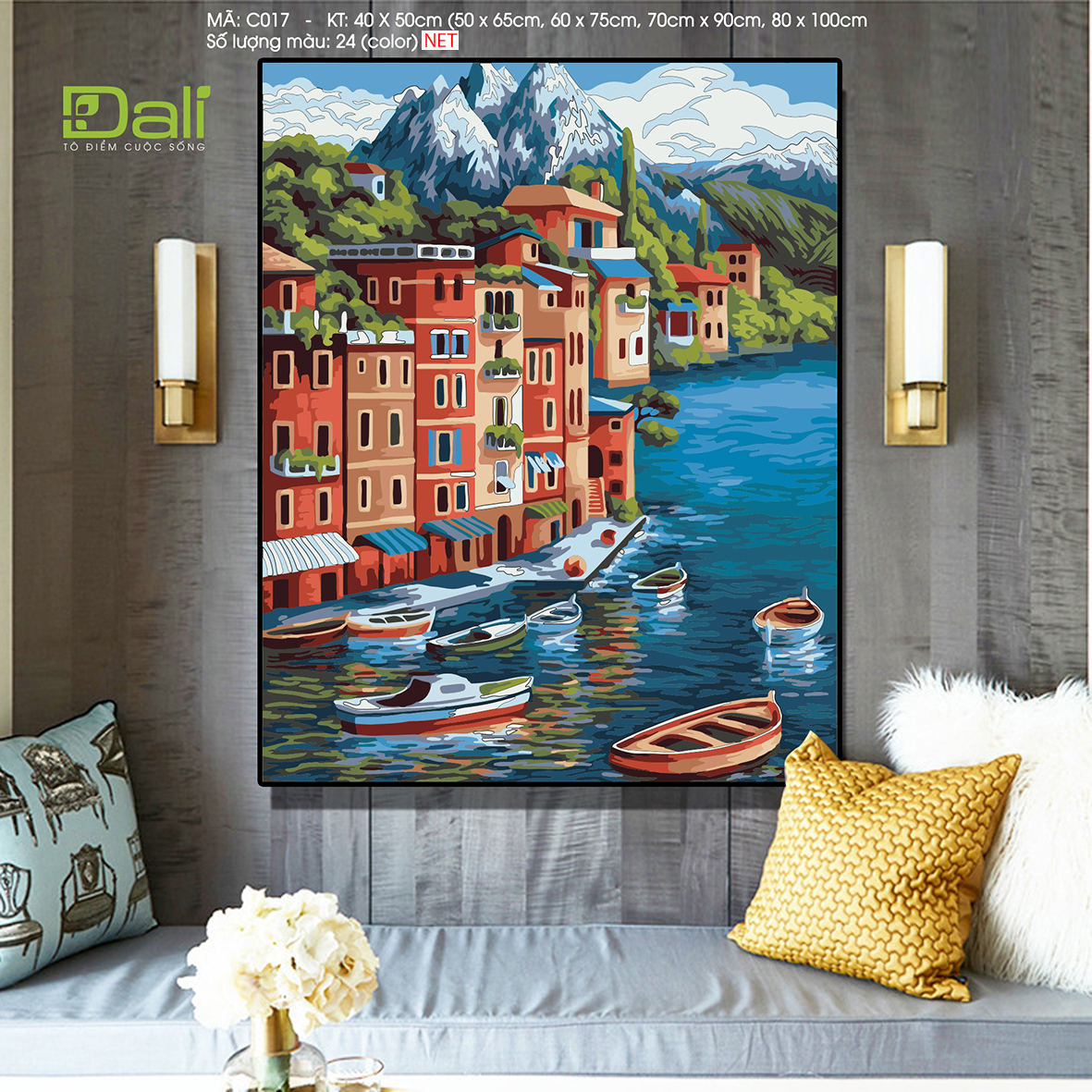 Tranh Phong Cảnh Thị Trấn Ven Hồ Italy C017
