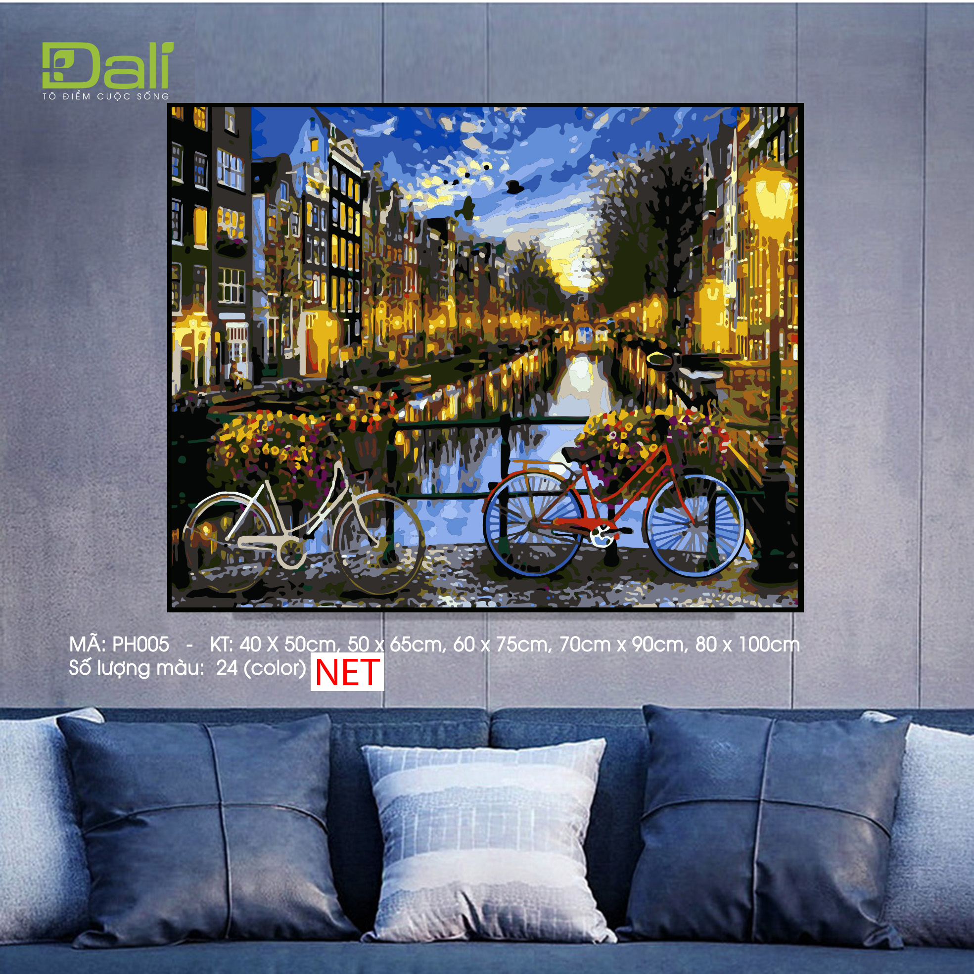 Tranh Phong Cảnh Kênh Đào Amsterdam Đêm Xe Đạp PH005