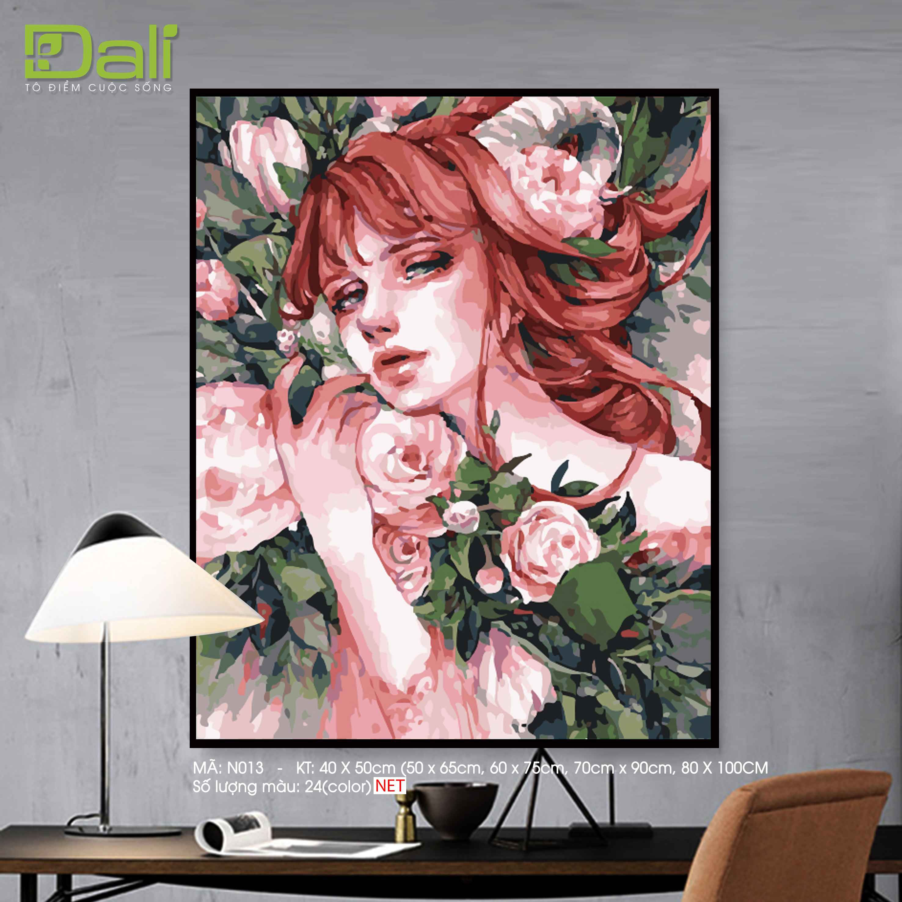 Tranh Nàng Thơ Tóc Đỏ Hoa Hồng N013