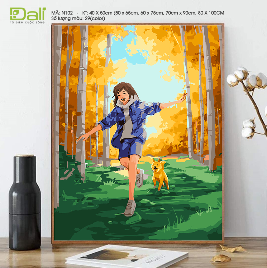 Tranh Nàng Thơ Chạy Rừng Thu Cùng Chó N102