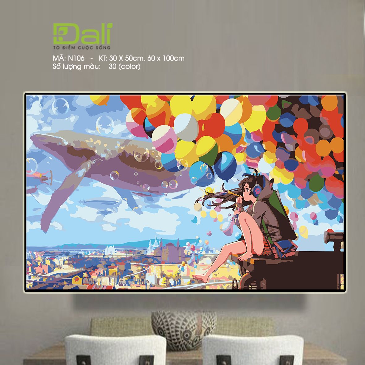 Tranh Nàng Thơ Đôi Bạn Bóng Bay Cá Voi Bay N106