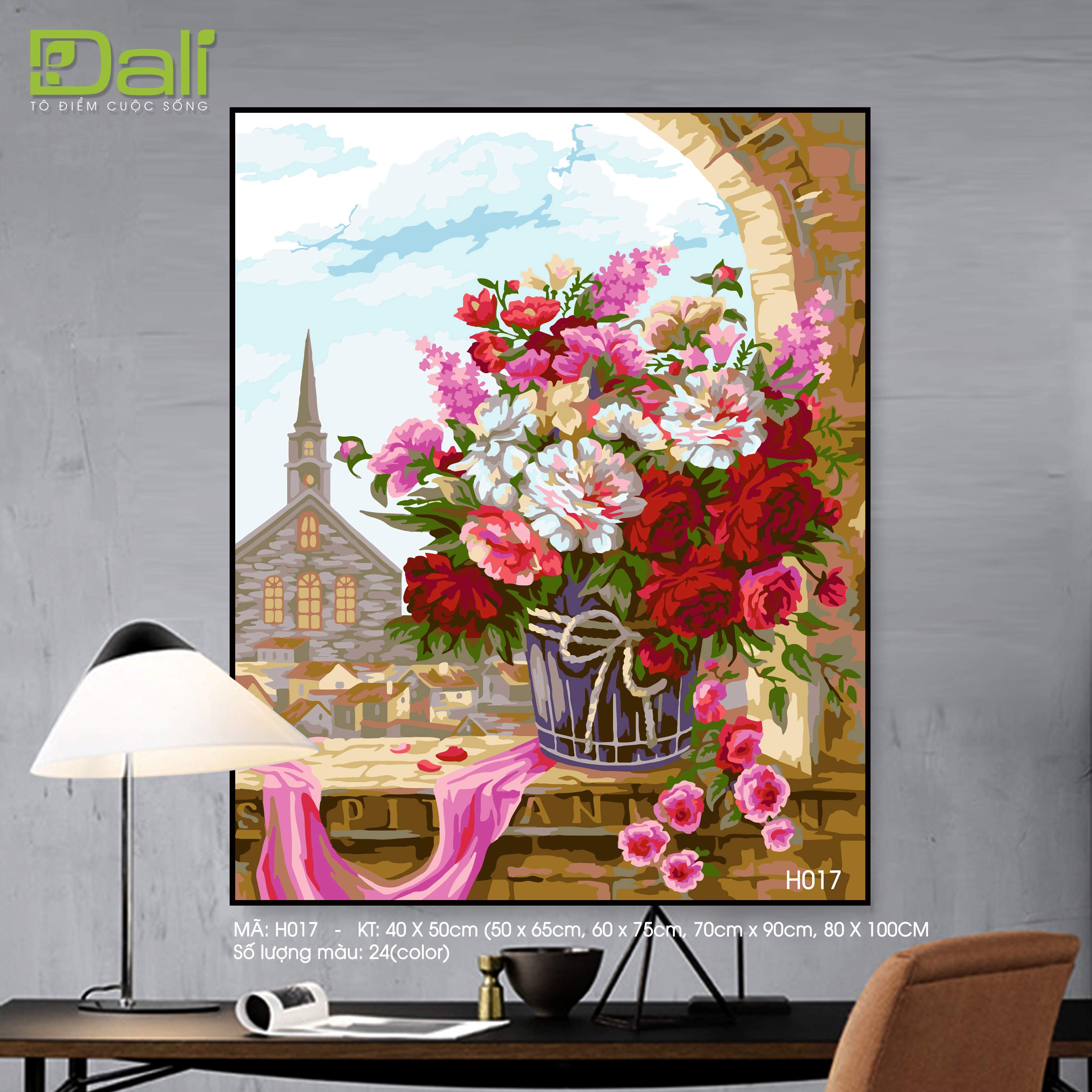 Tranh Giỏ Hoa Hỗn Hợp Bên Cửa Vòm H017
