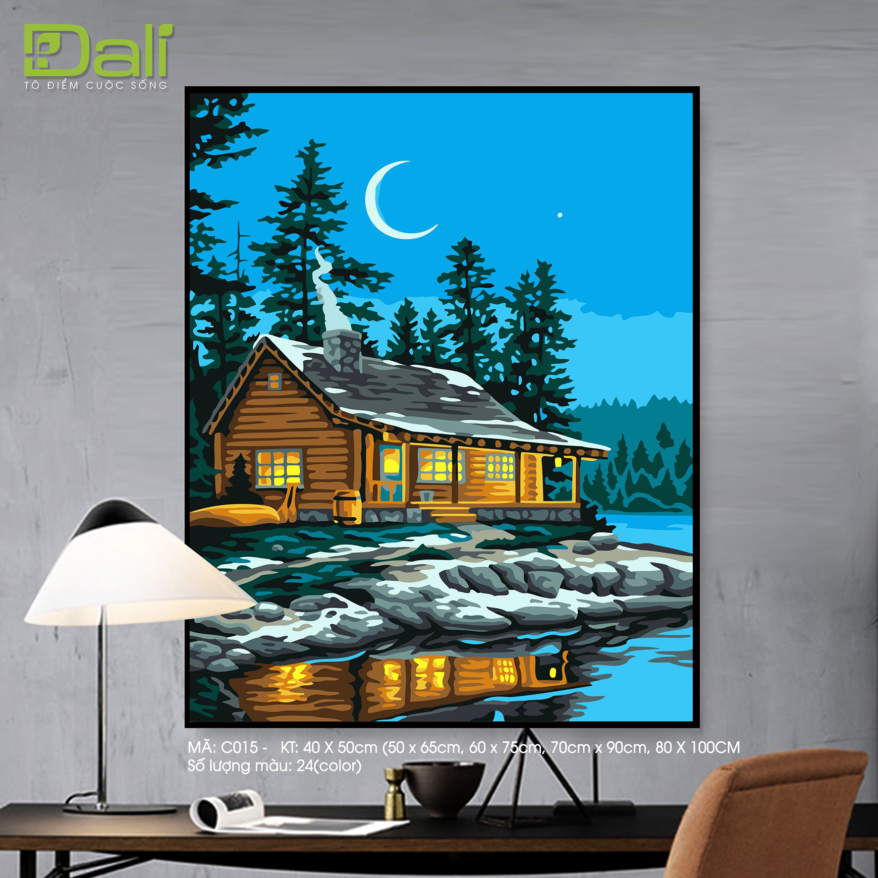 Tranh Phong Cảnh Cabin Gỗ Bên Hồ Đêm Trăng C015
