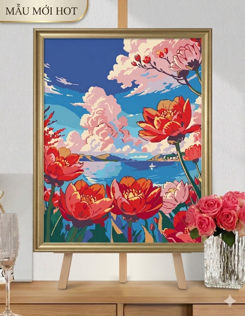 Tranh Hoa Mẫu Đơn Đỏ Bên Hồ H092