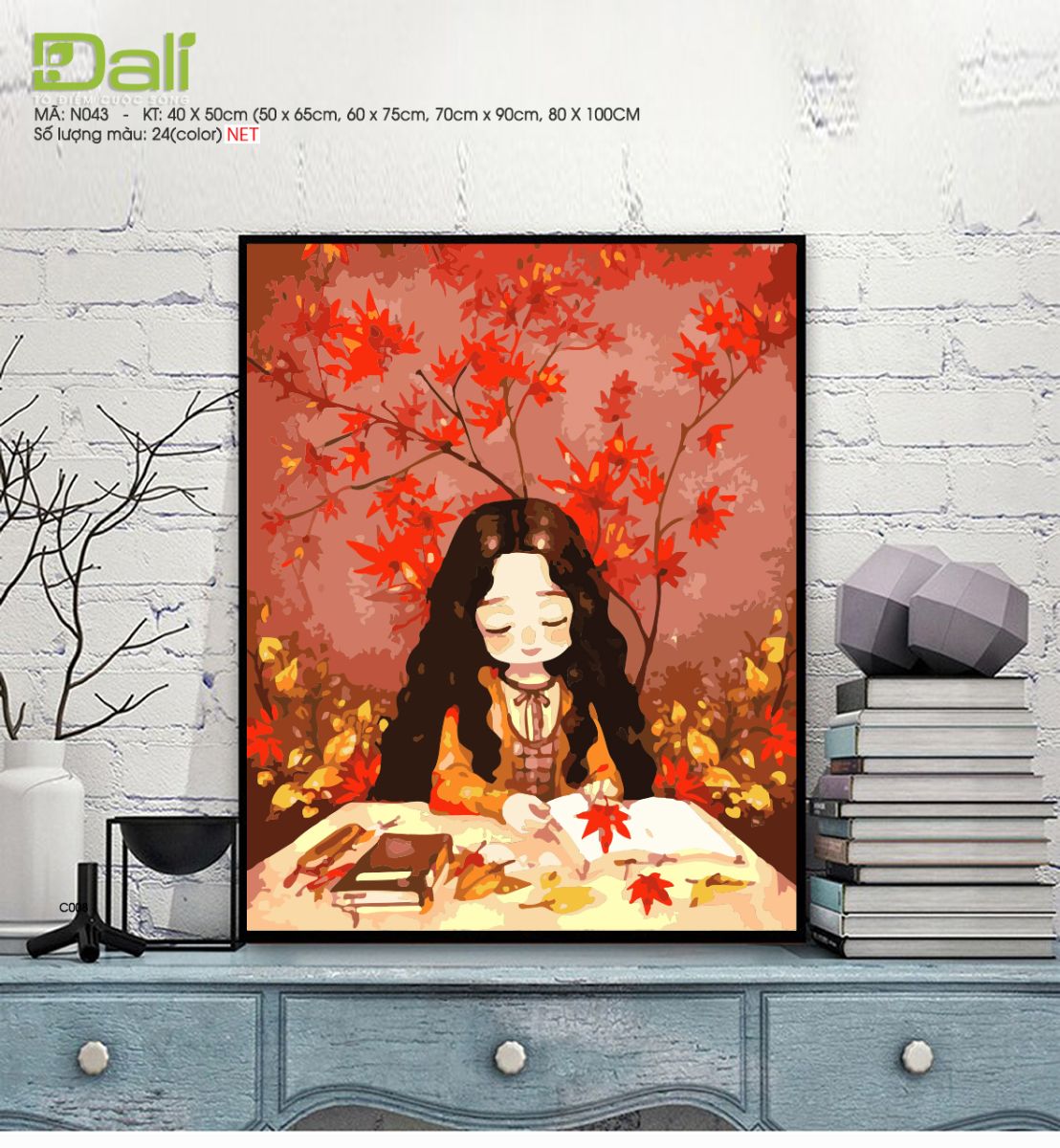 Tranh Nàng Thơ Thiếu Nữ Mùa Thu Lá Đỏ N043