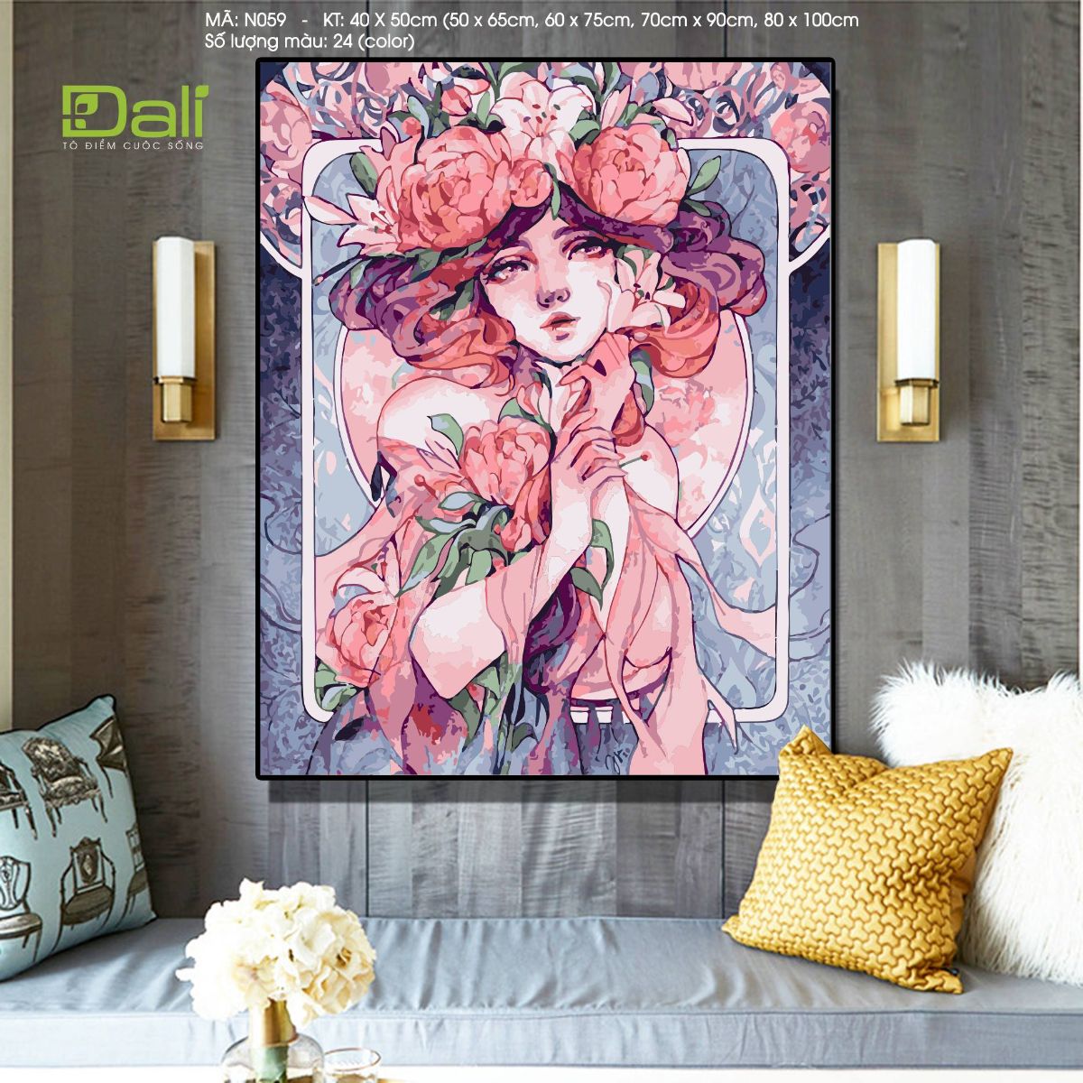 Tranh Nàng Thơ Thiếu Nữ Hoa Mẫu Đơn N059