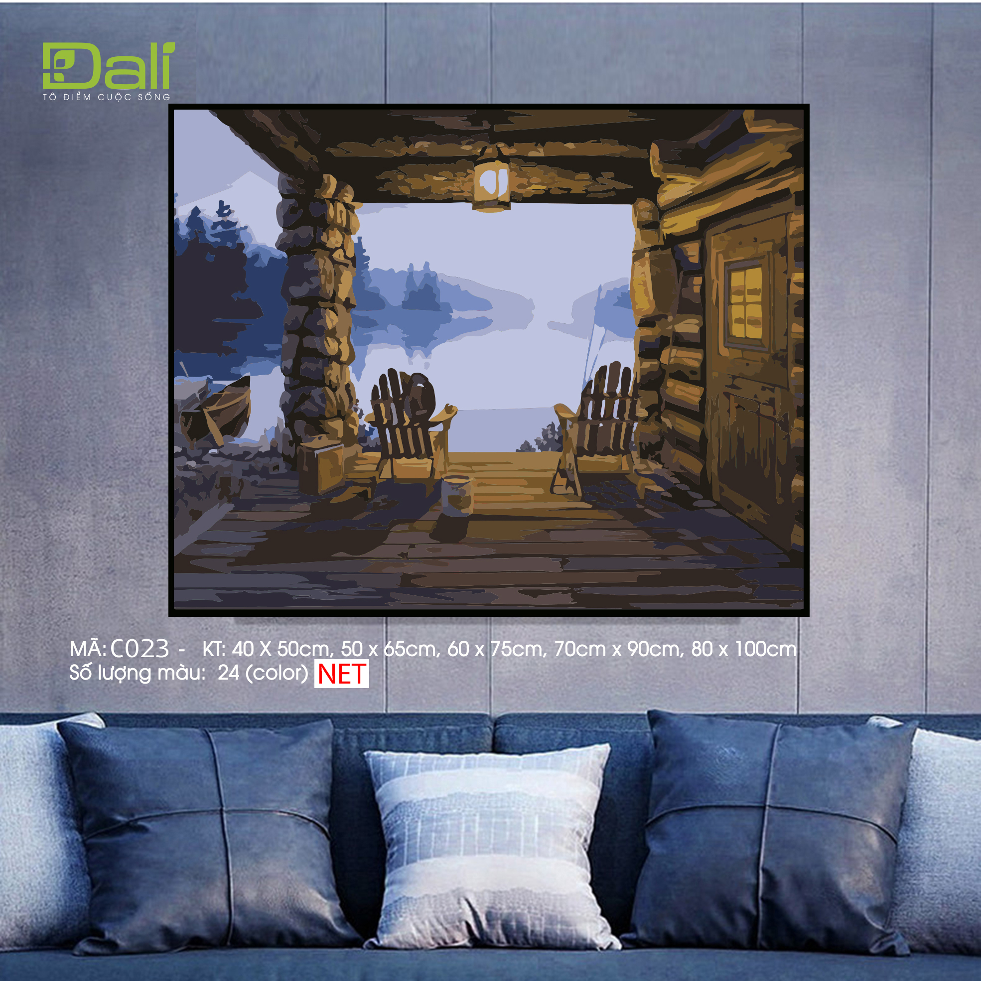 Tranh Phong Cảnh Hiên Cabin Gỗ Nhìn Ra Hồ C023