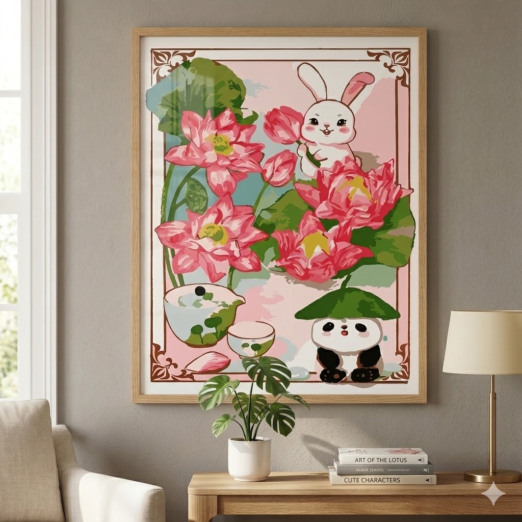 Tranh Hoa Sen Thỏ Panda Dễ Thương H091
