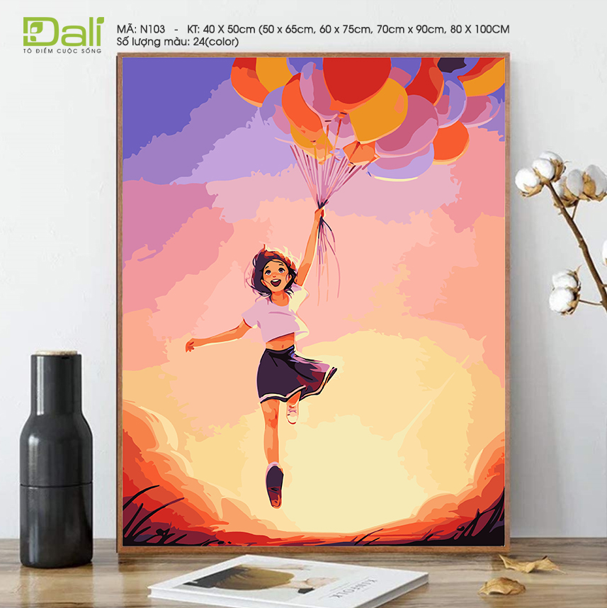 Tranh Nàng Thơ Bay Cùng Bóng Bay N103