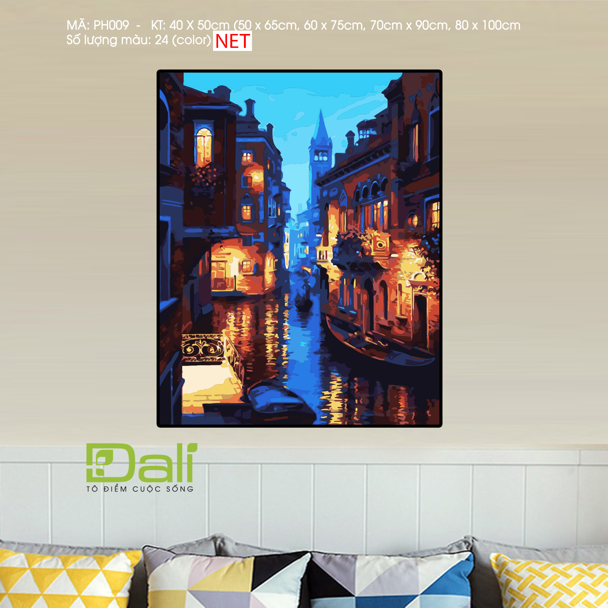 Tranh Phong Cảnh Venice Đêm Kênh Đào Ánh Đèn Vàng PH009