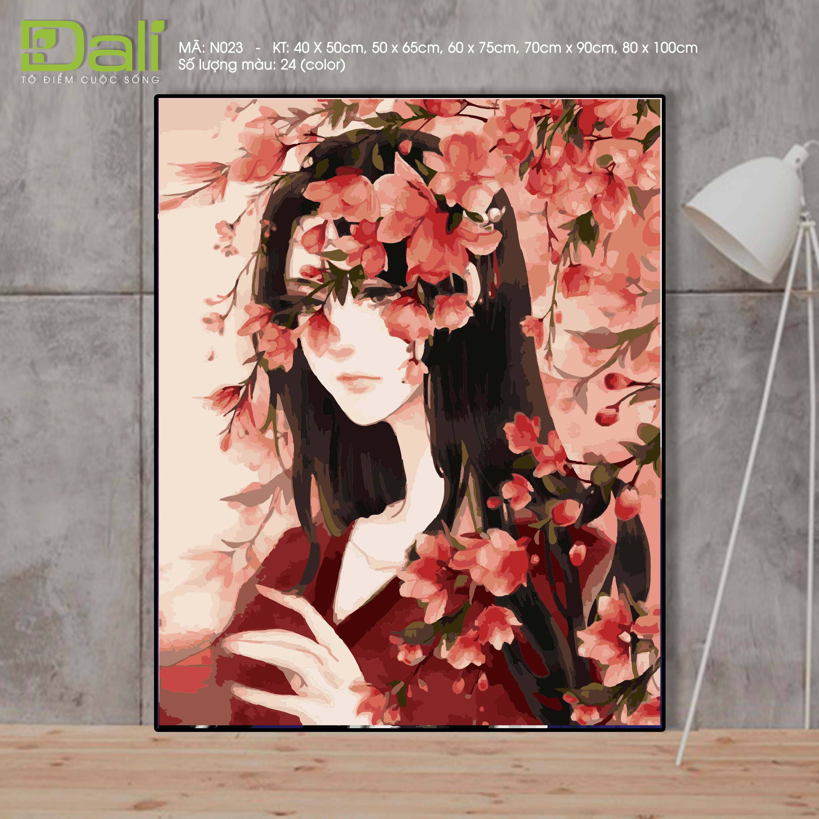 Tranh Nàng Thơ Tóc Đen Hoa Đỏ N023