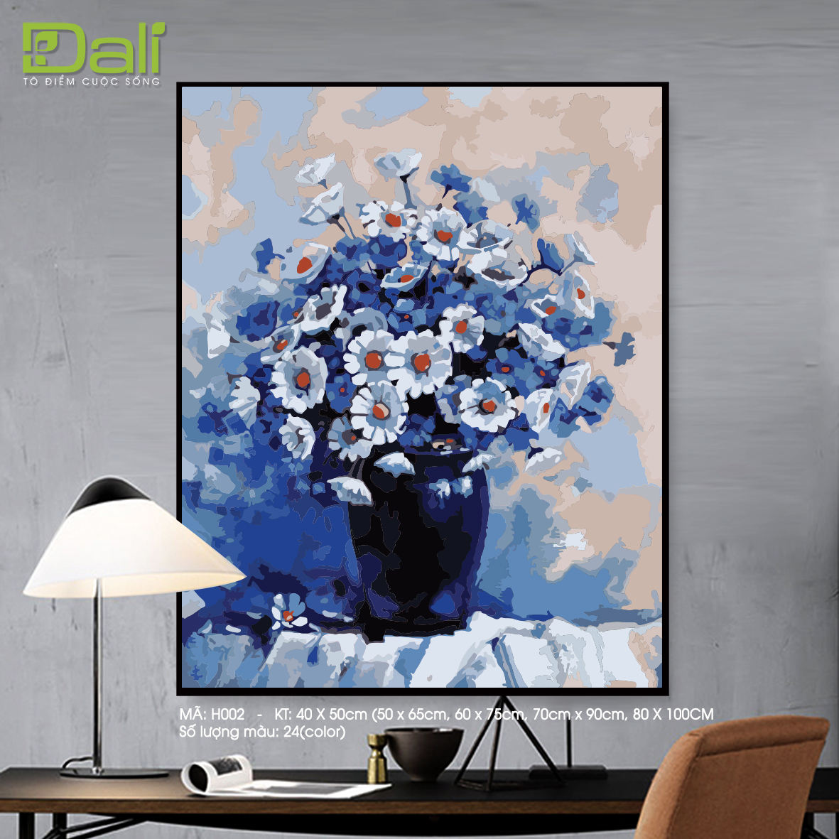 Tranh Bình Hoa Cúc Xanh Trắng H002