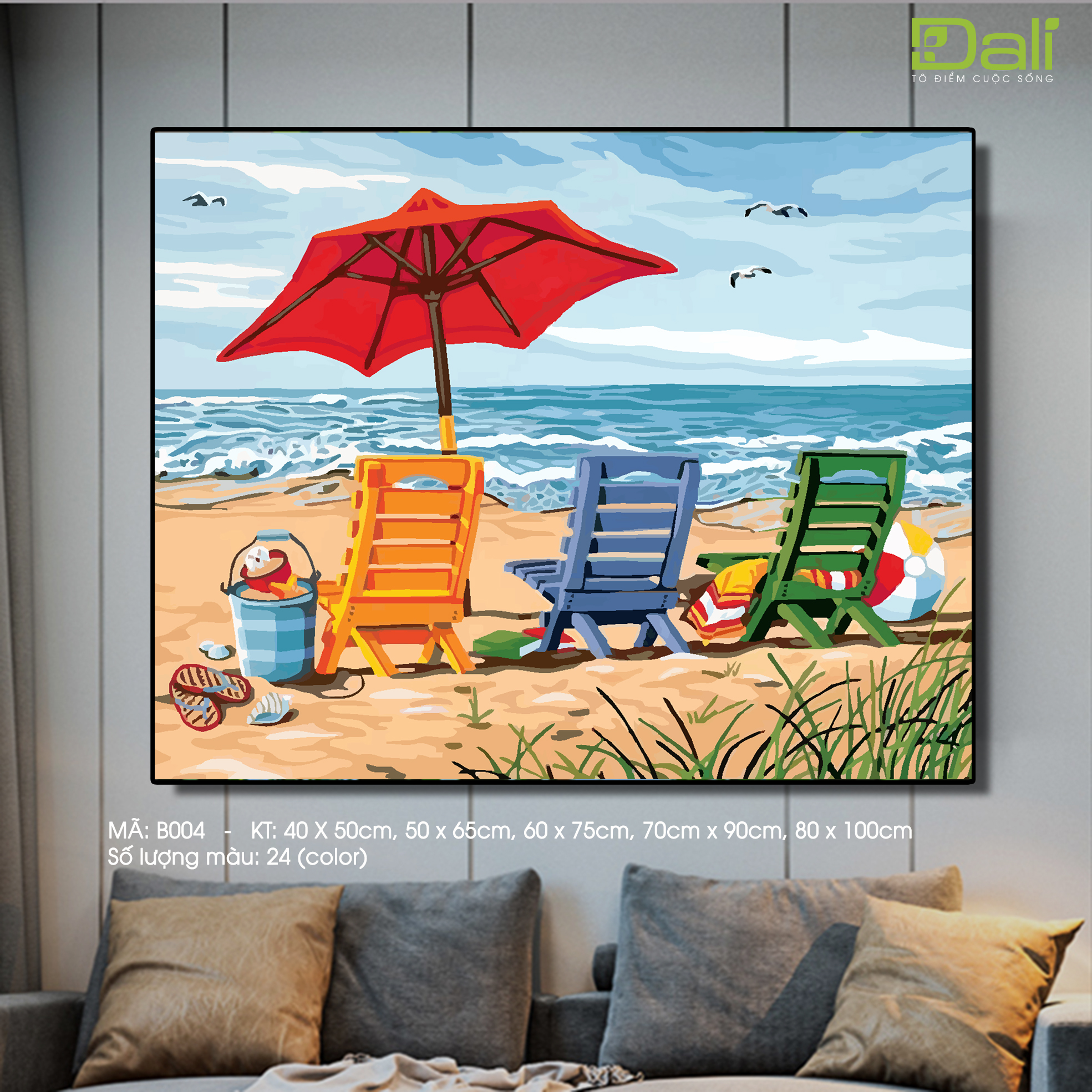 Tranh Phong Cảnh Bãi Biển Nghỉ Dưỡng Dù Đỏ B004