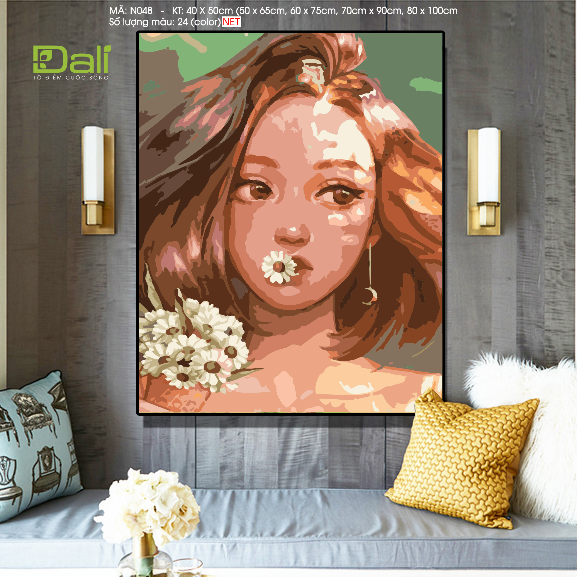 Tranh Nàng Thơ Cắn Hoa Cúc N048