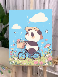 Tranh Phong Cảnh Gấu Trúc Đi Xe Đạp Giữa Vườn Hoa C093