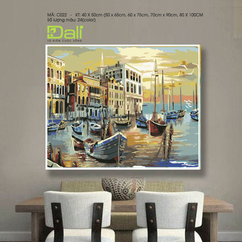 Tranh Phong Cảnh Bến Thuyền Venice Hoàng Hôn C022