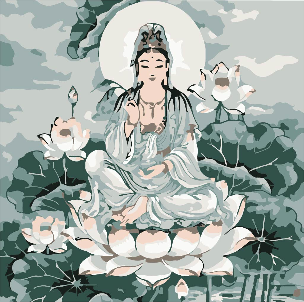 Tranh Phật Bà Quan Âm Hoa Sen Xanh P080